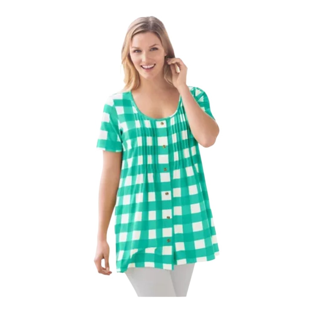 Woman Within Women's L Jade Buffalo Plaid Pin Tuck Front Oversized Button Tunic